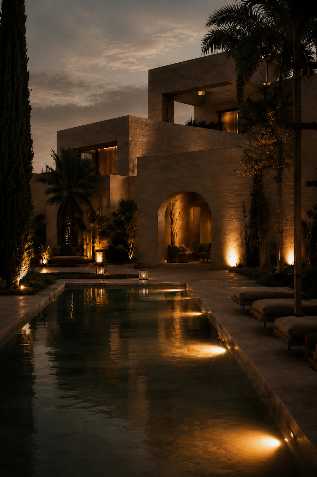 Villa éclairée à la nuit tombée, Marrakech